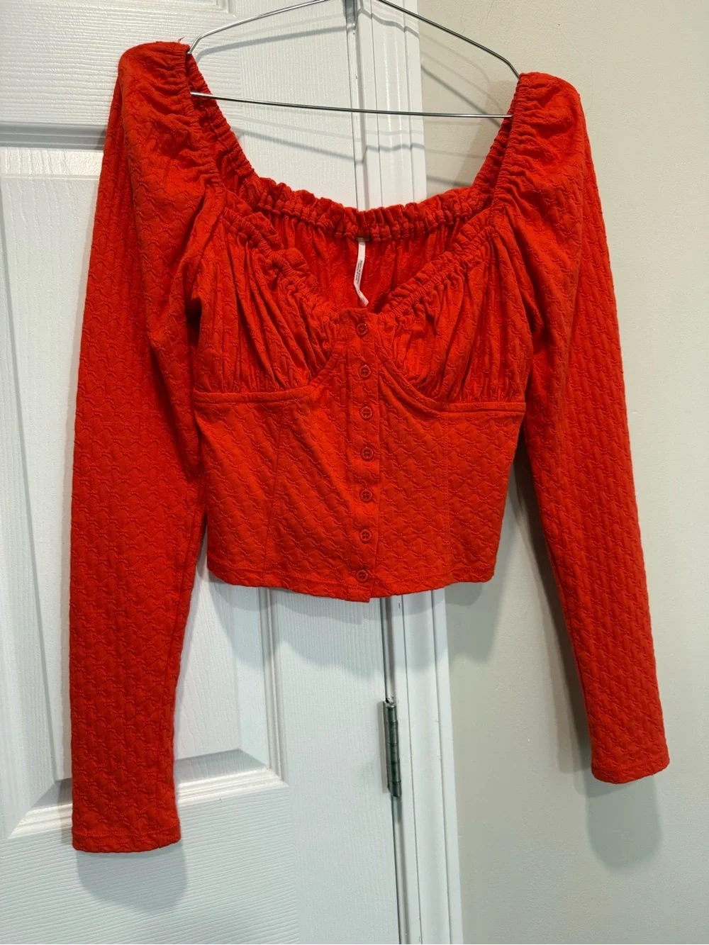 Free People Ladybug Long Sleeve Crop Top Red Textured Ruched Boho Size M NWOT